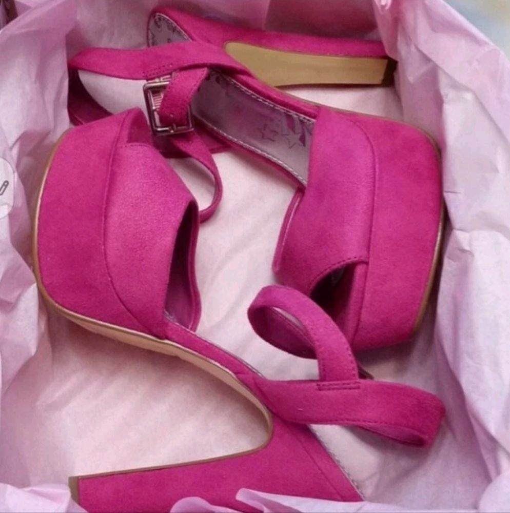 Brash Magenta Pink Suede-like 5" Platform Chunky Heels With Straps